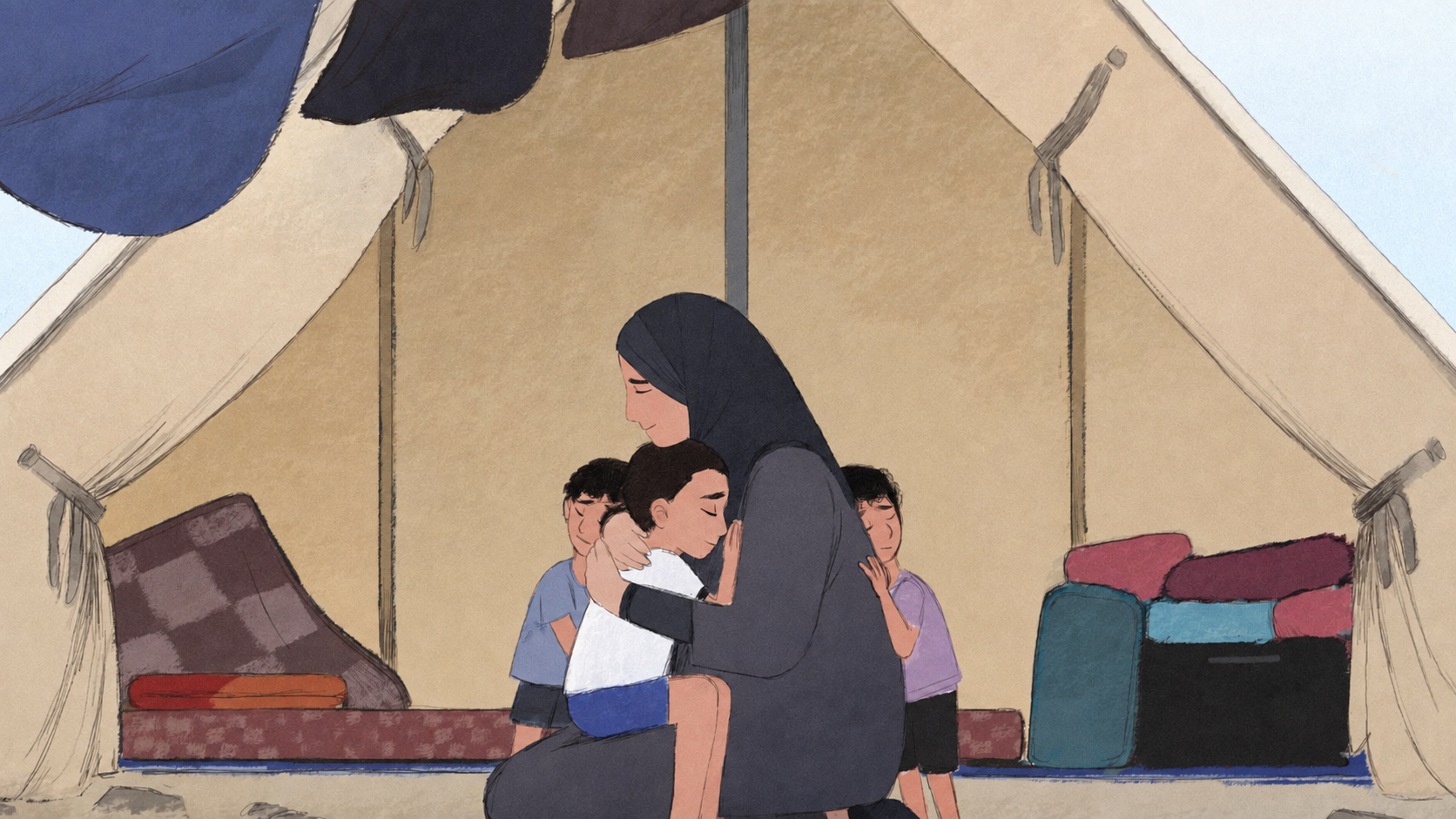 A mother embraces her child inside a tent.